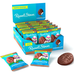 18ct Russell Stover Egg Marshmallow candies are covered in milk chocolate, packaged in a blue box featuring \“Happy Easter\“ text, with each egg individually wrapped.