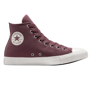 A maroon Converse Chuck Taylor All Star high-top sneaker with white rubber toe cap and logo patch, featuring metallic eyelets and a textured white sole.