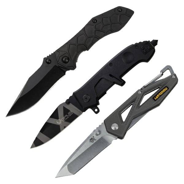 Three folding knives with distinct designs: the top knife has a textured black handle with a plain black blade, the middle knife features a partly serrated blade with black geometric patterns, and the bottom knife has a metallic open-frame handle with a plain silver blade.