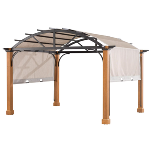 Outdoor pergola with a curved roof and retractable canopy, featuring wooden posts and side curtains for shade and privacy.