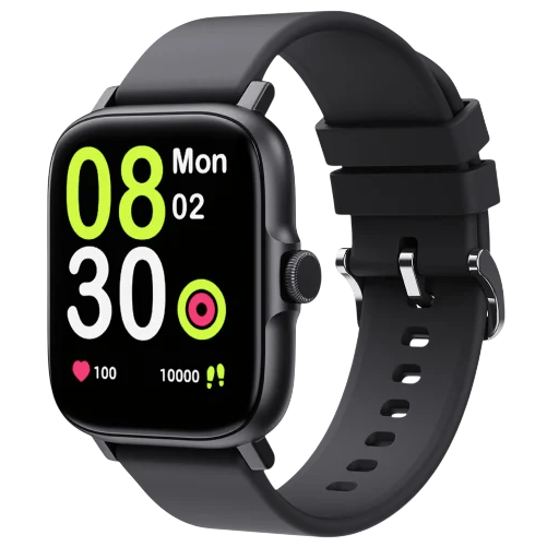 A black smartwatch with a rectangular face displays fitness metrics including time, date, heart rate, and step count.