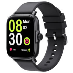 A black smartwatch with a rectangular face displays fitness metrics including time, date, heart rate, and step count.