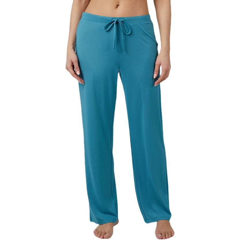 Blue sleep pants with a drawstring waistband, featuring a relaxed fit and full-length cut, suitable for comfort.
