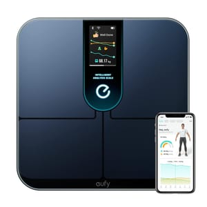 The Eufy Smart Scale P3 features a sleek black design with a central LED display showing weight and fitness data. It syncs with a smartphone app for detailed health tracking and personal insights.