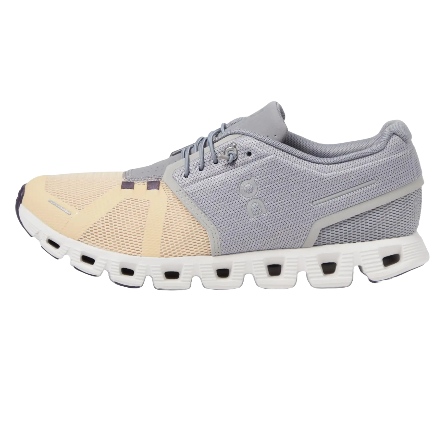 Light grey and beige running shoes featuring a lace-up closure and a distinctive segmented sole design for cushioning.