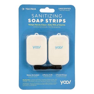 TSA-approved sanitizing soap strips in two packs of 25, unscented, water-activated, with two travel straps. Ideal for outdoor activities, traveling, and schools, fitting easily into backpacks, purses, or pockets.