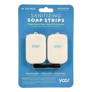 TSA-approved sanitizing soap strips in two packs of 25, unscented, water-activated, with two travel straps. Ideal for outdoor activities, traveling, and schools, fitting easily into backpacks, purses, or pockets.