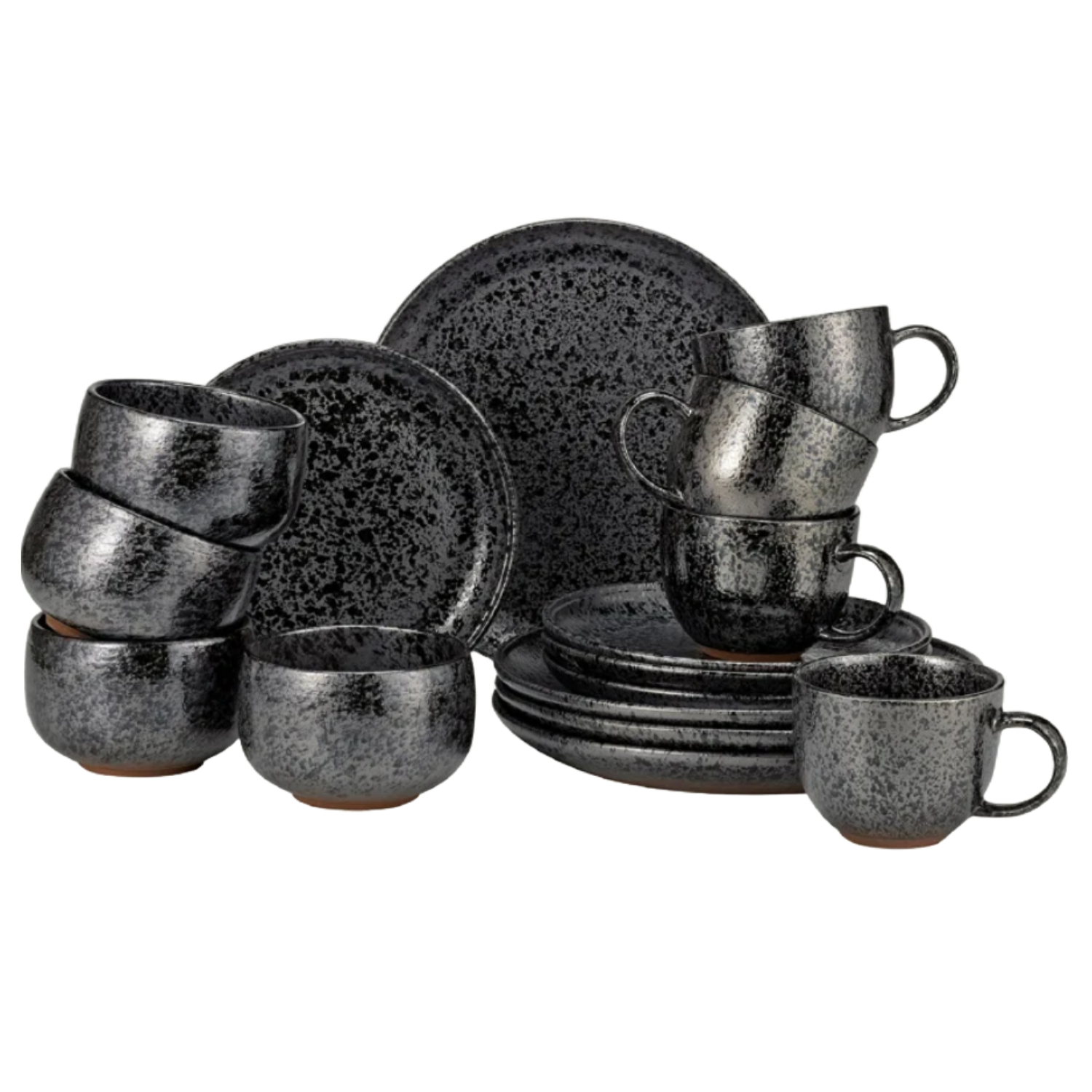 A 16-piece dinnerware set in a dark speckled finish, consisting of dinner plates, salad plates, bowls, and mugs.