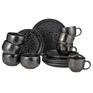 A 16-piece dinnerware set in a dark speckled finish, consisting of dinner plates, salad plates, bowls, and mugs.
