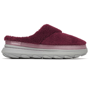 Merrell slip-on slipper with a plush burgundy upper and a thick gray sole designed for comfort and warmth.