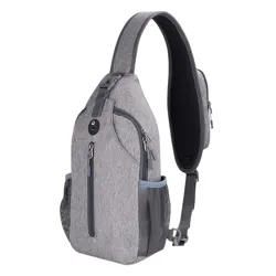 A gray, single-strap sling backpack with multiple zippered compartments, mesh side pockets, and an adjustable padded strap.