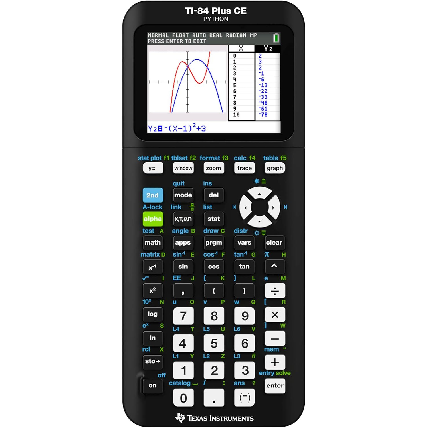 TI-84 Plus CE Python graphing calculator by Texas Instruments, featuring a color display and pre-loaded programs for math and science applications.