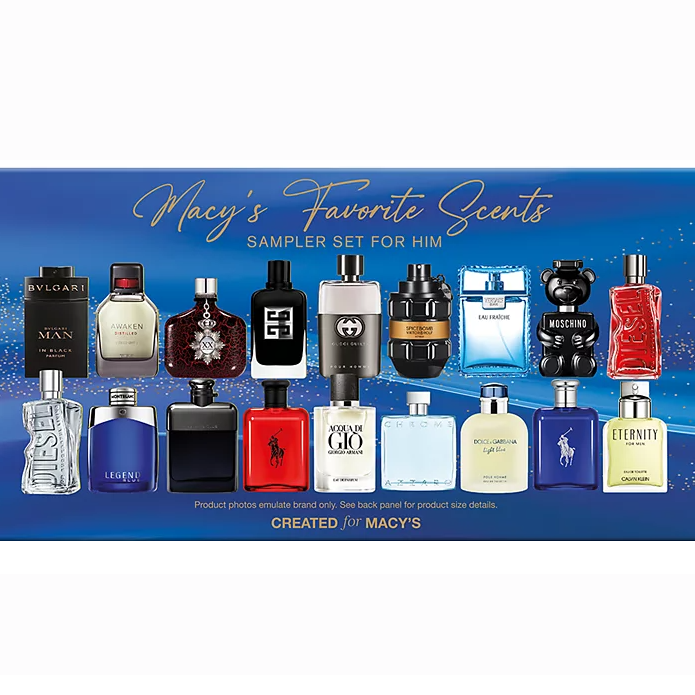 Macy's Favorite Scents Sampler Set for Him features 18 miniature cologne bottles from popular brands like Bvlgari, Versace, Dolce & Gabbana, Moschino, and more, ideal for sampling a variety of men's fragrances.