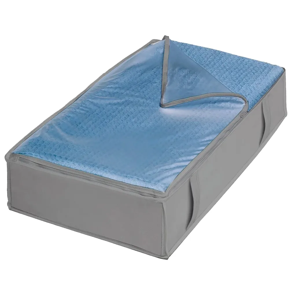 Gray under-bed storage bags with a clear top cover, designed for organizing bedding or clothing.