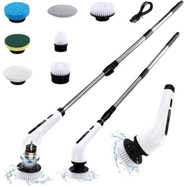 Electric power scrubber with a long handle, various detachable brush heads, and a USB charging cable, designed for cleaning surfaces efficiently.