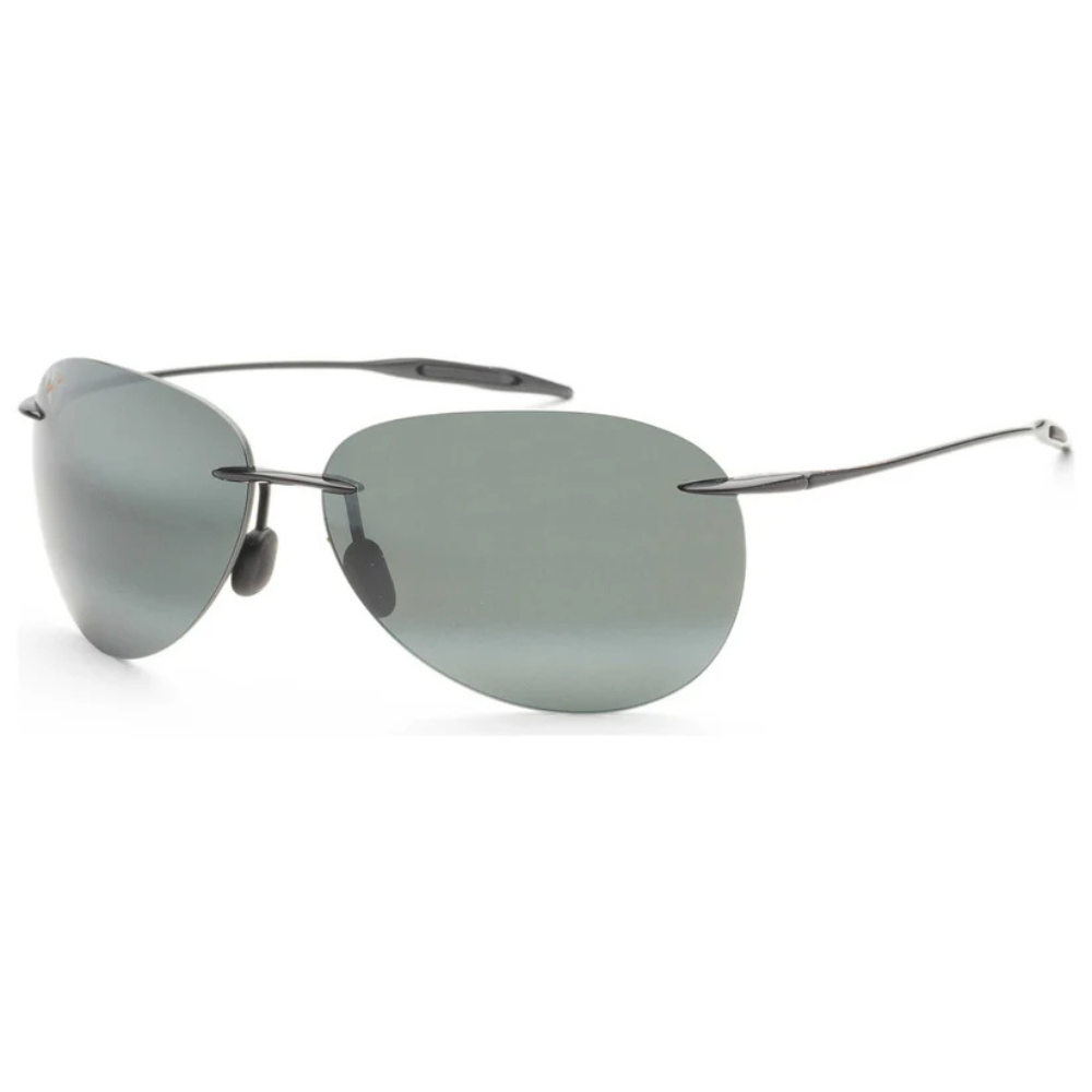 Rimless sunglasses with dark, oval lenses and thin metal arms, featuring nose pads for comfort.