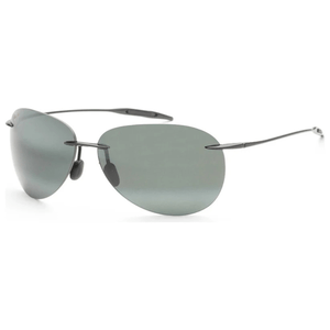 Rimless sunglasses with dark, oval lenses and thin metal arms, featuring nose pads for comfort.