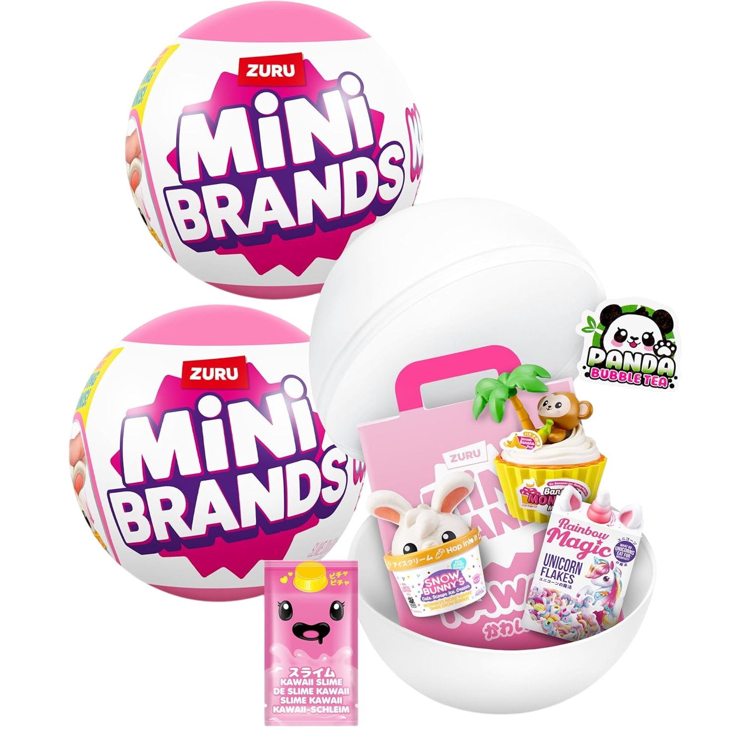 Zuru Mini Brands packaging, featuring surprise collectible toys like a monkey on a cupcake, a rabbit in a tub, and Unicorn Flakes. Includes a Panda Bubble Tea design and a Kawaii Slime packet.