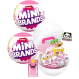 Zuru Mini Brands packaging, featuring surprise collectible toys like a monkey on a cupcake, a rabbit in a tub, and Unicorn Flakes. Includes a Panda Bubble Tea design and a Kawaii Slime packet.