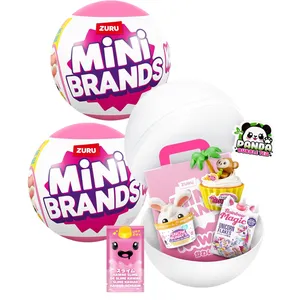 Zuru Mini Brands packaging, featuring surprise collectible toys like a monkey on a cupcake, a rabbit in a tub, and Unicorn Flakes. Includes a Panda Bubble Tea design and a Kawaii Slime packet.