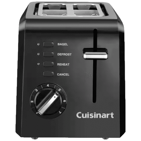 A black Cuisinart toaster featuring buttons for bagel, defrost, reheat, and cancel, with a numbered dial for adjusting toast settings.