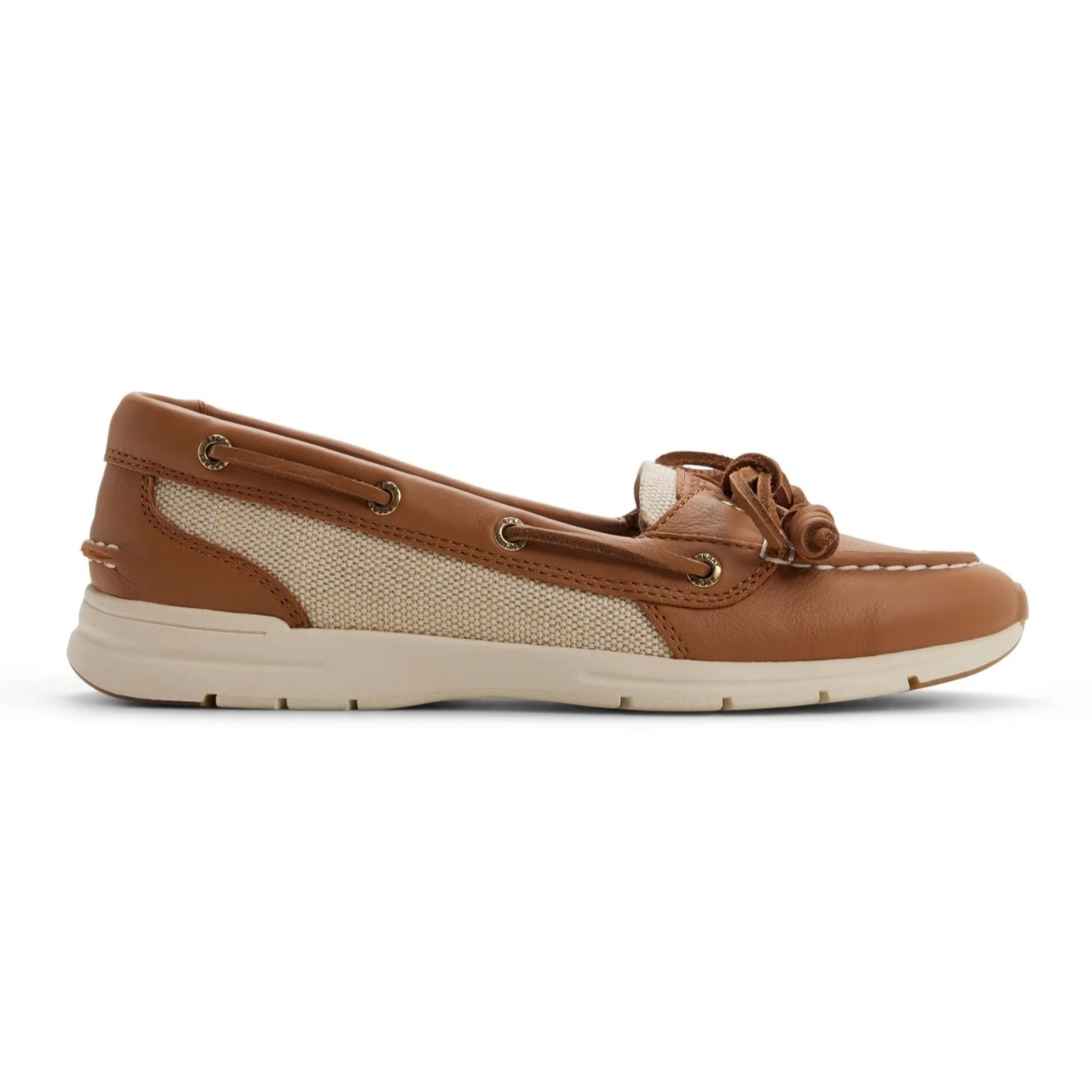 A brown leather boat shoe with a beige fabric side panel, slip-on design, decorative lacing, and a beige rubber sole.