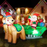 A festive inflatable decoration featuring Santa Claus in a sleigh with presents, pulled by a reindeer, adorned with Christmas lights for outdoor display.