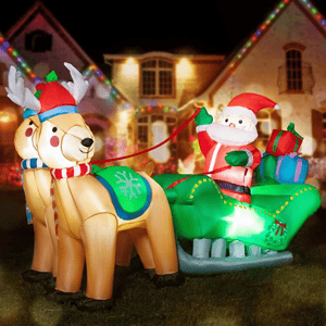 A festive inflatable decoration featuring Santa Claus in a sleigh with presents, pulled by a reindeer, adorned with Christmas lights for outdoor display.