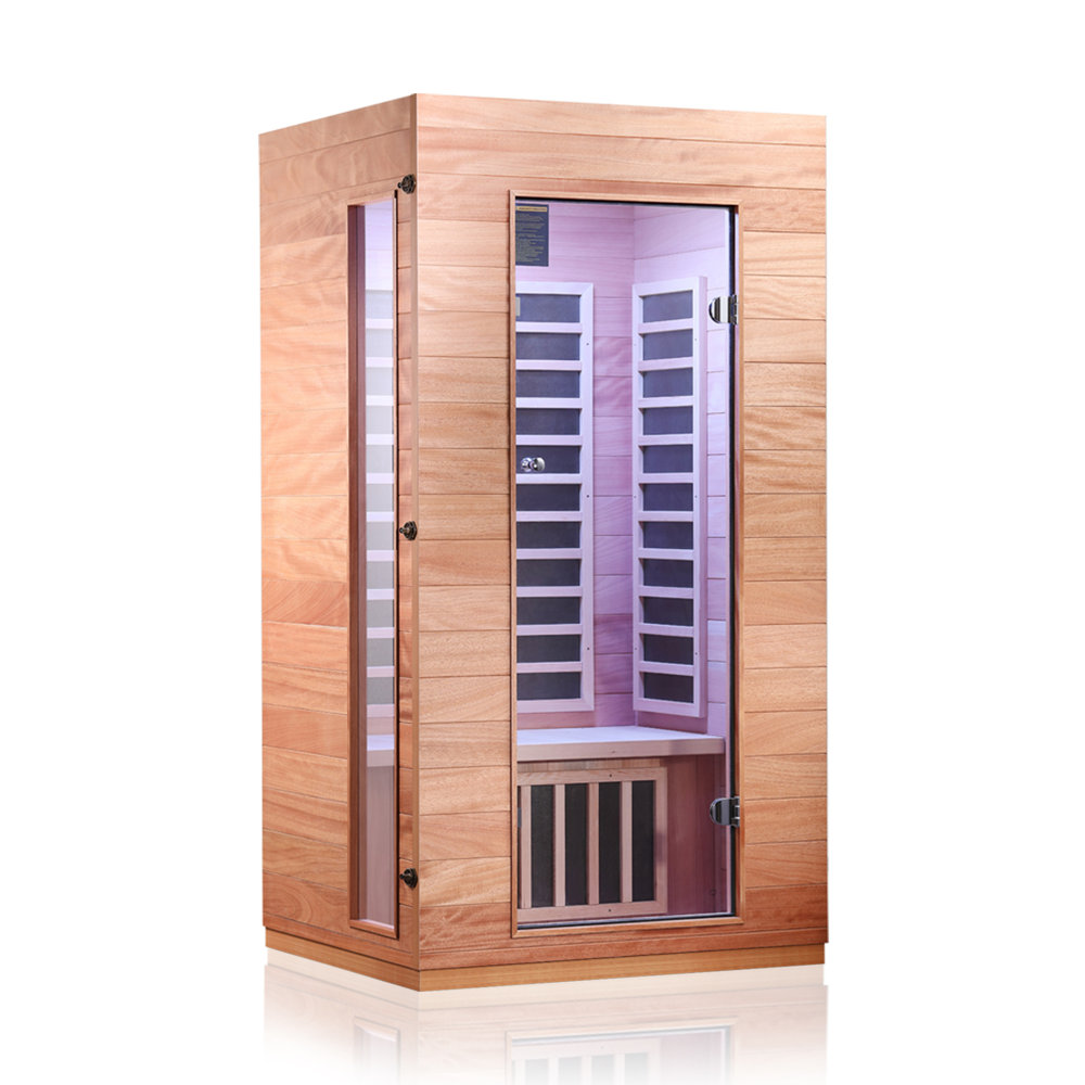 This is a compact wooden infrared sauna designed for one person, featuring glass doors, internal benches, and control panels.