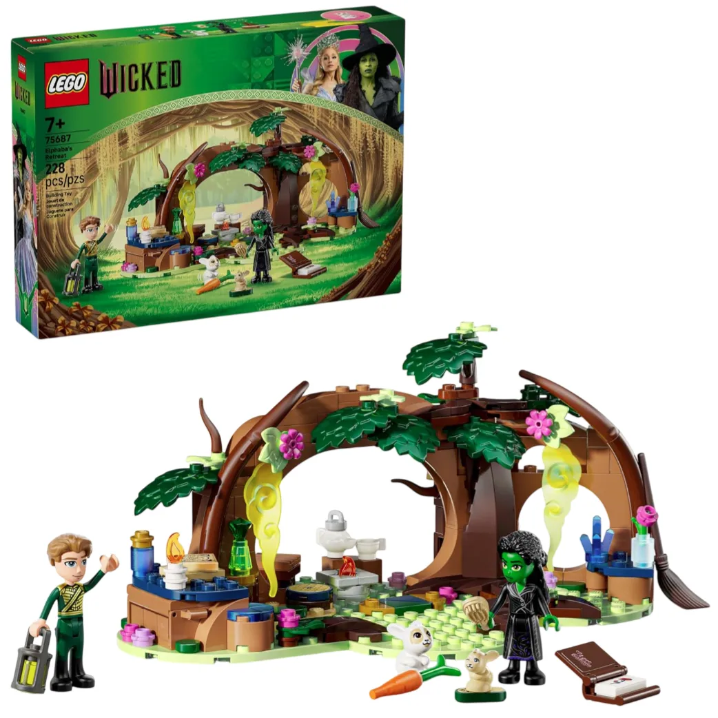 LEGO Wicked set for ages 7+; includes 228 pieces featuring a magical forest scene with mini-figures and accessories from the Wicked series.