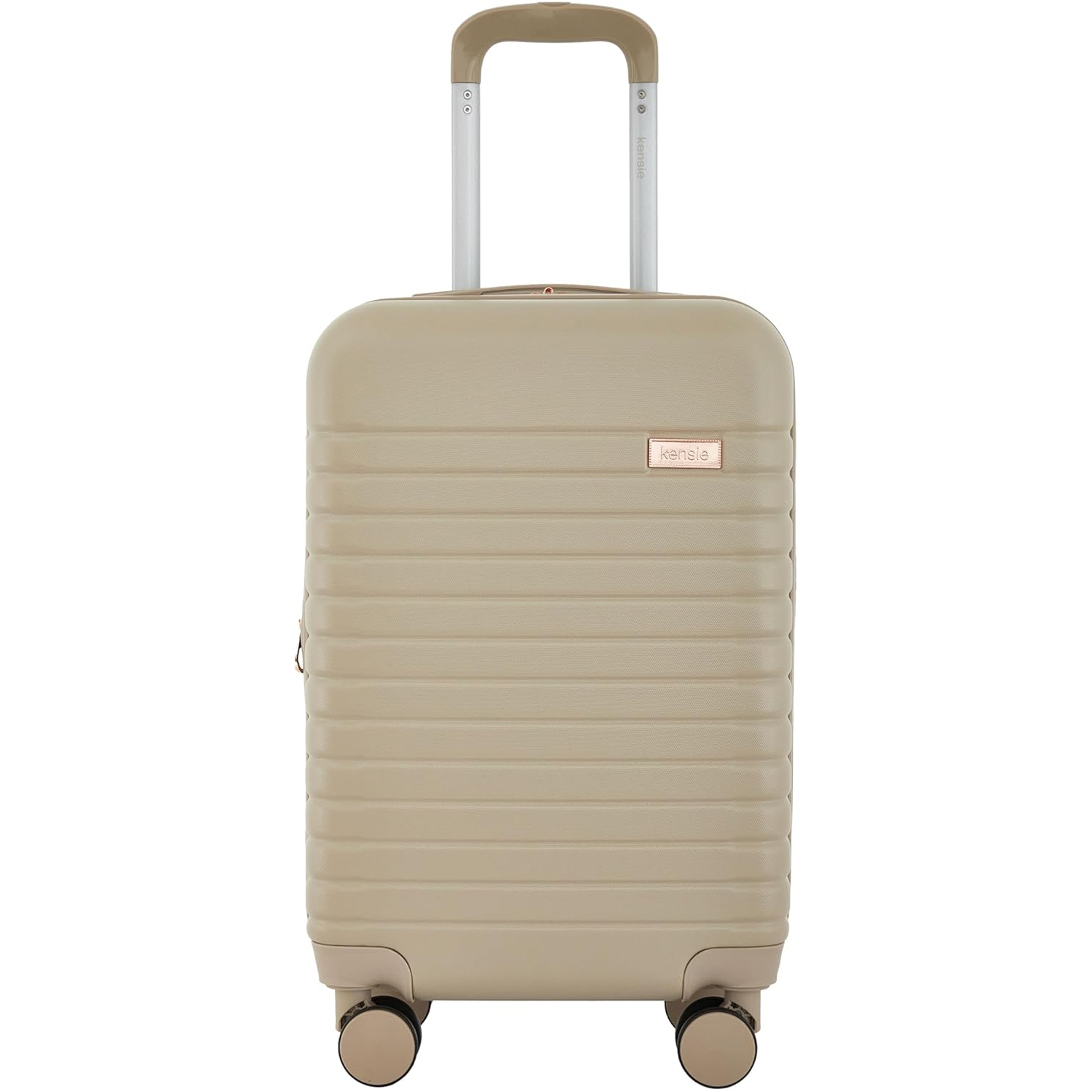 Beige hard-shell carry-on suitcase with four spinner wheels, telescopic handle, and horizontal ridges.