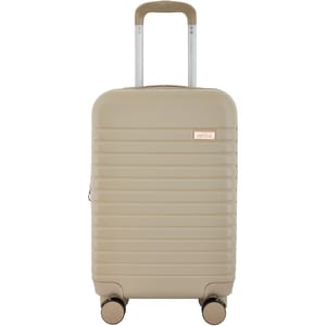Beige hard-shell carry-on suitcase with four spinner wheels, telescopic handle, and horizontal ridges.