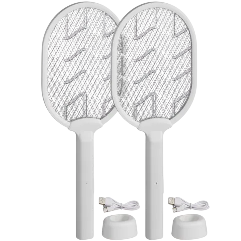 Two white electric fly swatters with charging stations and USB cables.