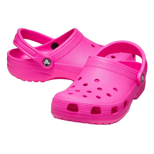 Bright pink Crocs Classic Clogs with a perforated design for ventilation, an adjustable heel strap, and a textured sole for grip.