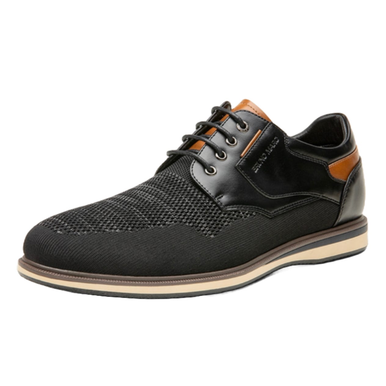 A black lace-up dress shoe with a mesh design, accented with brown leather trim, featuring a layered sole for added style.