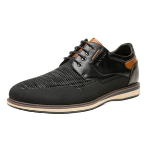 A black lace-up dress shoe with a mesh design, accented with brown leather trim, featuring a layered sole for added style.