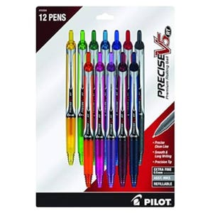 Pilot Precise V5 RT Premium Rolling Ball pens, 12-pack, assorted ink colors with an extra fine 0.5mm tip, refillable, offering precise, smooth, long-lasting writing.