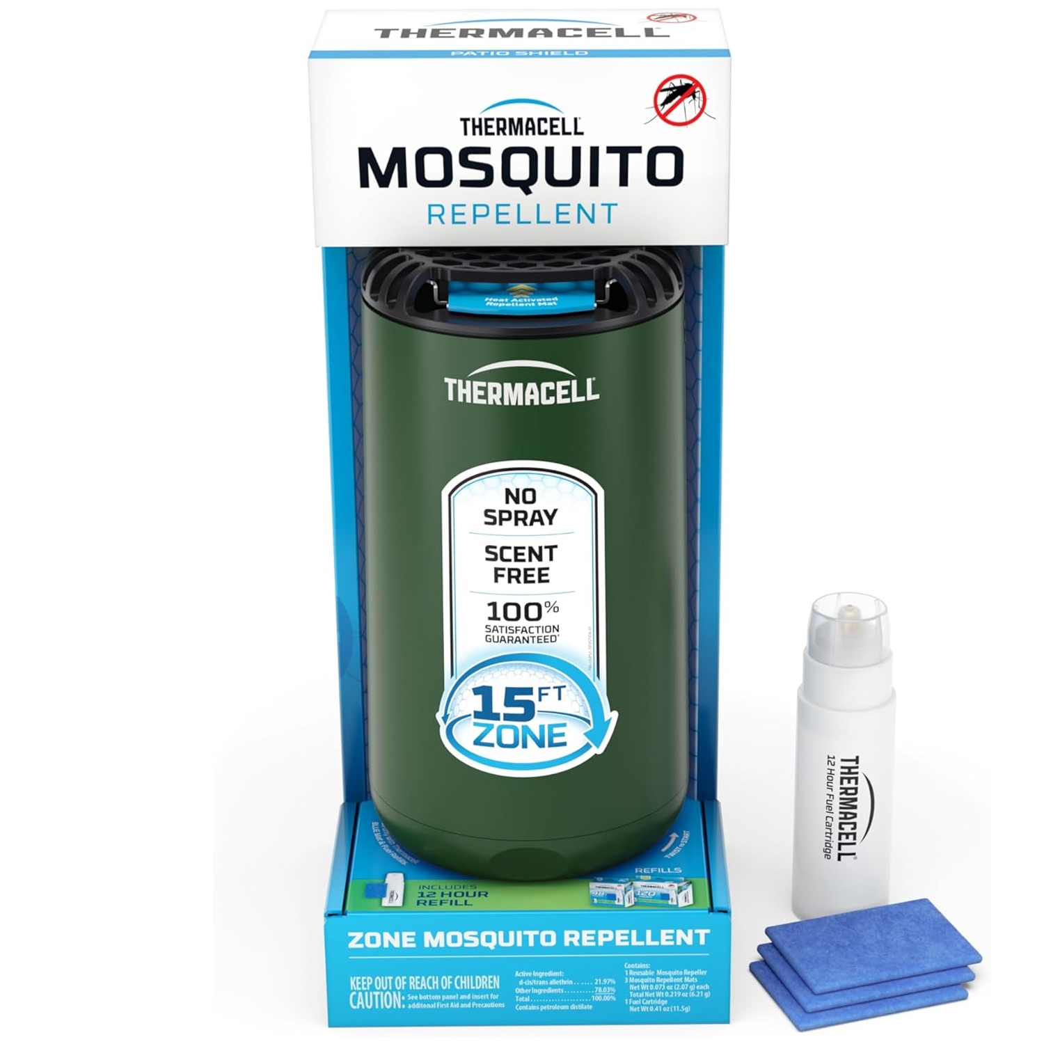 Thermacell Mosquito Repellent system offers a 15-foot zone of protection, is scent-free and spray-free. Includes a repellent device, refill canister, and repellent mats.