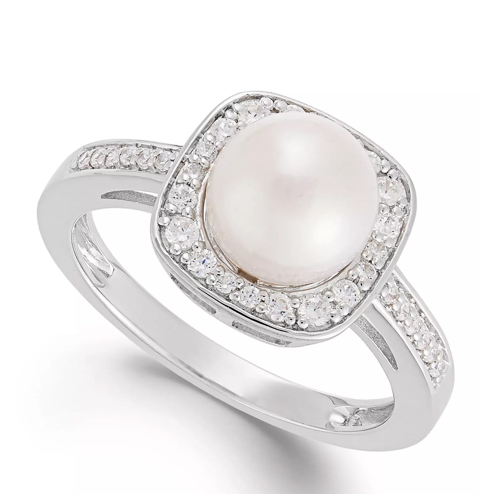 Silver ring featuring a central pearl surrounded by small sparkling stones arranged in a square halo design, with additional small stones set into the band.