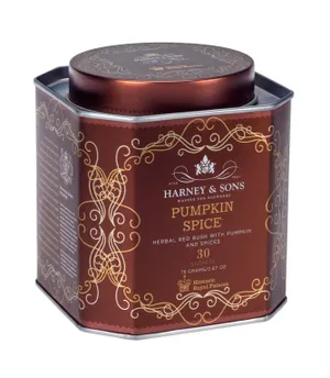 Harney & Sons Pumpkin Spice tea, featuring herbal red bush with pumpkin and spices, comes in a decorative tin containing 30 sachets (75 grams/2.67 oz).