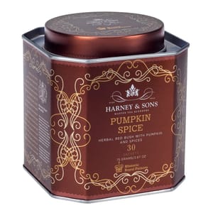 Harney & Sons Pumpkin Spice tea, featuring herbal red bush with pumpkin and spices, comes in a decorative tin containing 30 sachets (75 grams/2.67 oz).