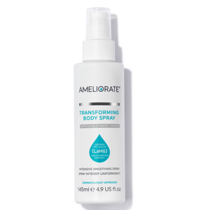 AMELIORATE Transforming Body Spray, 145ml, is an intensive smoothing body spray with alpha hydroxy therapy, featuring the unique LaH6 skin hydration complex. It is dermatologist approved.