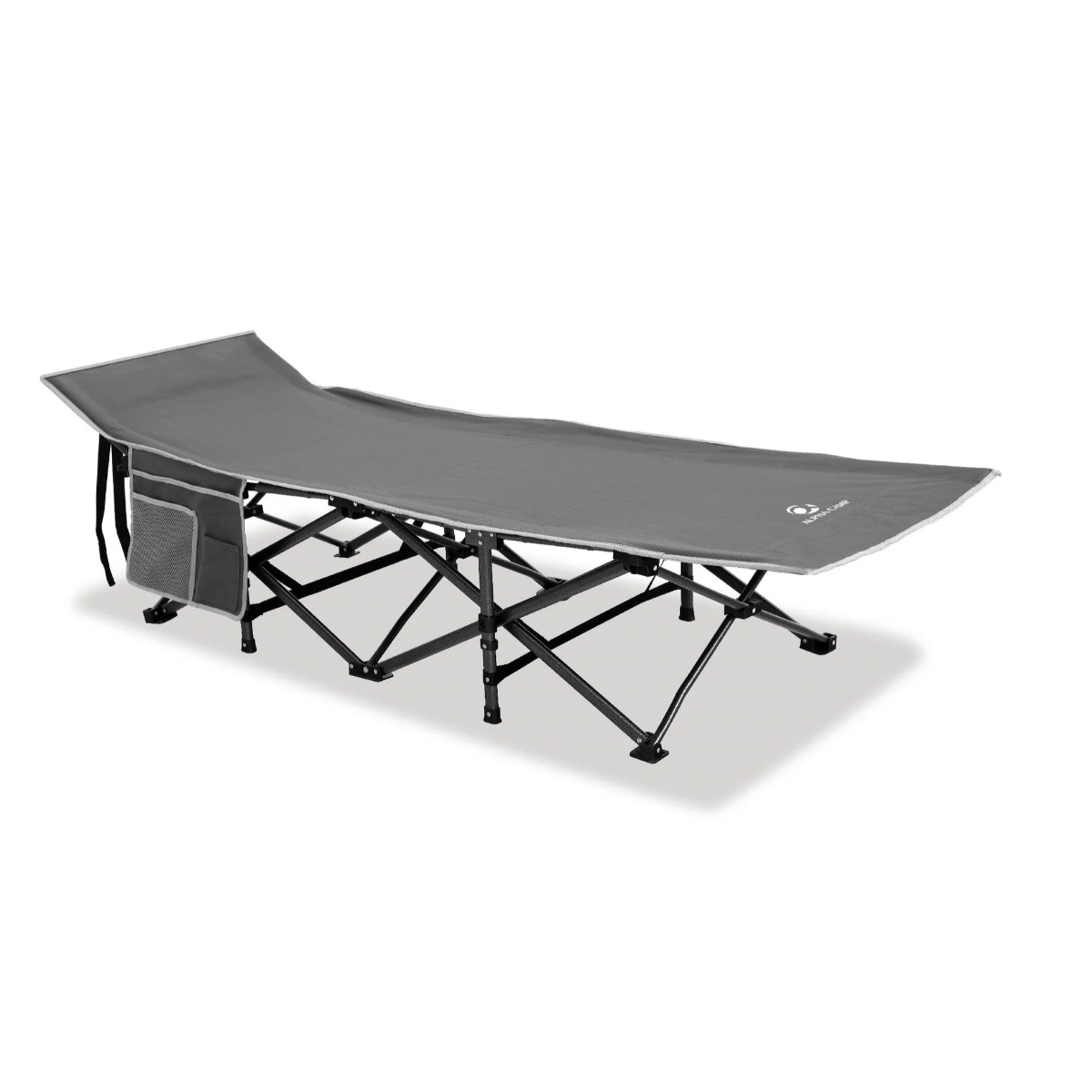 Portable folding camp cot with an attached side pocket.