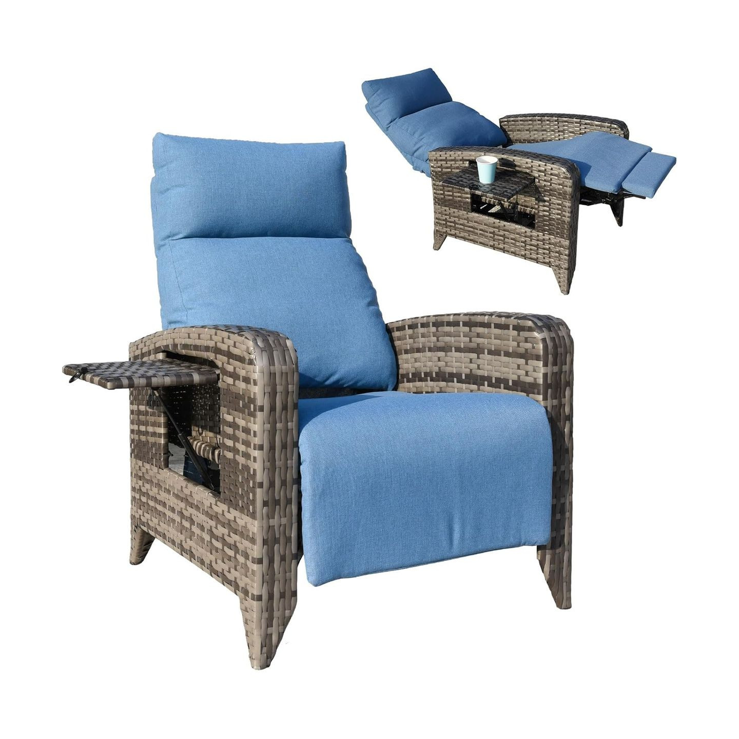 Reclining outdoor chair with blue cushions, featuring a wicker finish, adjustable backrest, and an extended footrest. It includes a side tray for convenience.