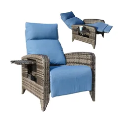 Reclining outdoor chair with blue cushions, featuring a wicker finish, adjustable backrest, and an extended footrest. It includes a side tray for convenience.