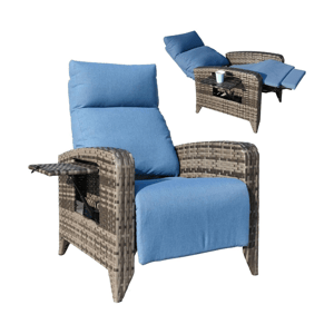 Reclining outdoor chair with blue cushions, featuring a wicker finish, adjustable backrest, and an extended footrest. It includes a side tray for convenience.