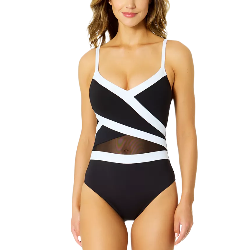 A black one-piece swimsuit with white trim features a crisscross design and a sheer mesh panel at the waist.