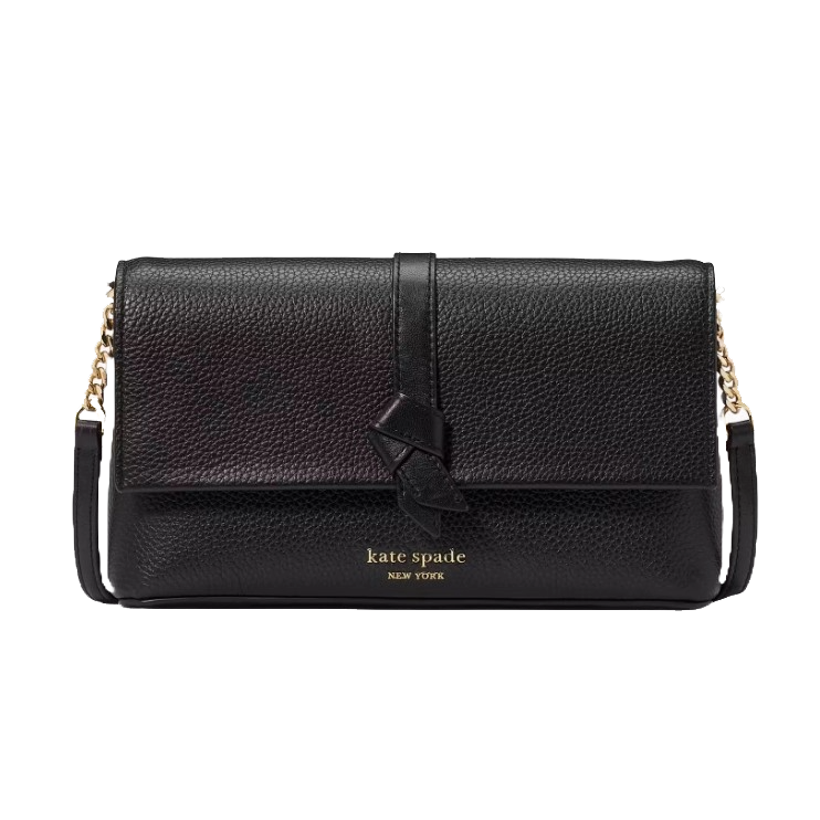 Black Kate Spade New York handbag with a pebbled texture, featuring a gold chain strap and a bow detail on the front.