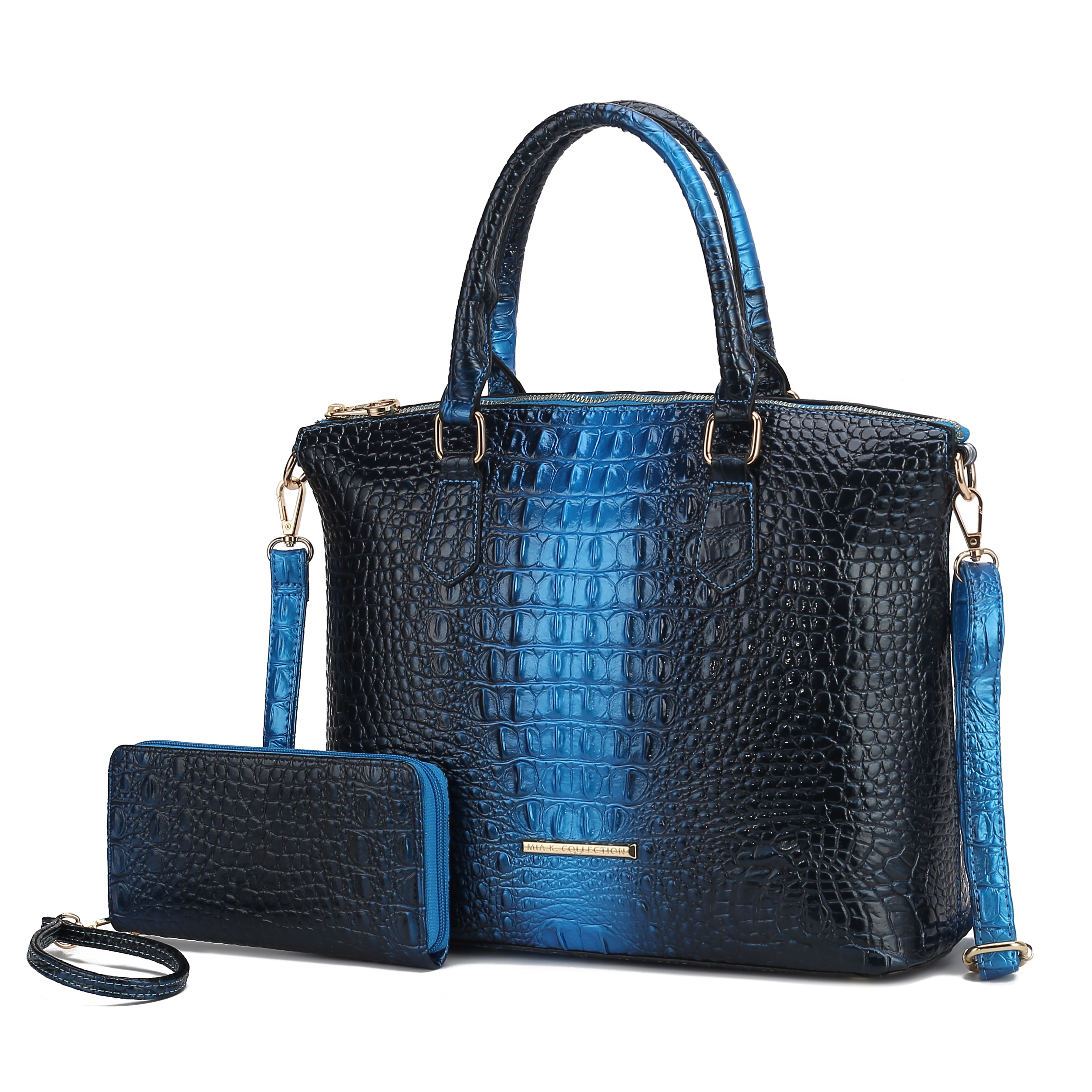 A blue crocodile-patterned handbag with dual handles and a detachable shoulder strap, paired with a matching blue wallet.