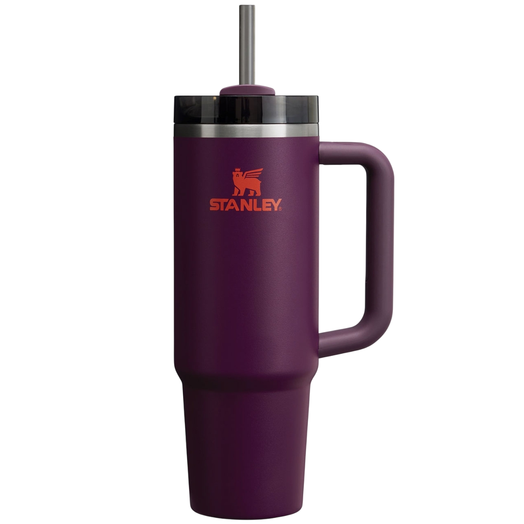 Purple Stanley tumbler with a handle and straw, featuring the Stanley logo in orange.